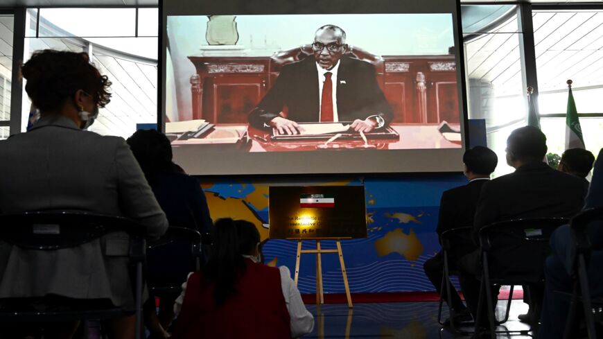 Somaliland President Muse Bihi Abdi is seen on-screen as he speaks via video link during the opening ceremony of the Somaliland representative office in Taipei on Sept. 9, 2020.