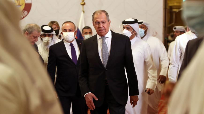 Sergey Lavrov, Mohammed bin Abdulrahman Al-Thani and Mevlut Cavusoglu