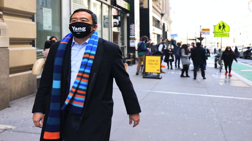 New York City mayoral candidate Andrew Yang leaves the NYC Board of Elections office on March 23, 2021, in New York City. 