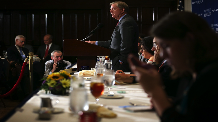 Republican Presidential hopeful and US Senator Lindsey Graham (R-SC) addresses a Newsmaker Luncheon at the National Press Club on Sept. 8, 2015, in Washington, DC. Senator Graham spoke on the Iran nuclear agreement. 