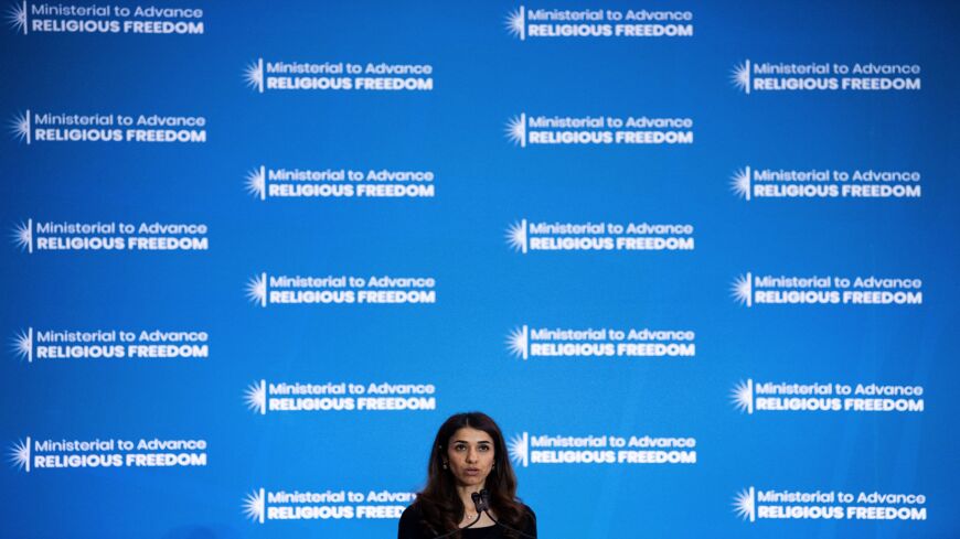 Nadia Murad, an Iraq Yazidi once held captive by the Islamic State, speaks during a religious freedom summit at the US Department of State on July 16, 2019, in Washington, DC.