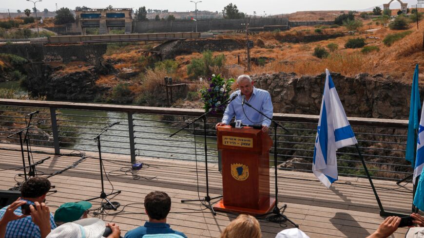 Retired Israeli Gen. Benny Gantz, one of the leaders of the Blue and White (Kahol Lavan) political alliance, speaks at the Jordan Valley site of Naharayim, also known as Baqura in Jordan, east of the Jordan River and which has been leased to Israel as part of the Israel-Jordan peace treaty, on Oct. 18, 2019.