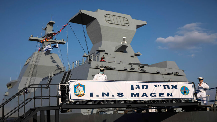 Israeli sailors stand on board the first of four new German-built Saar 6 naval vessels purchased by the navy, in the northern Haifa city naval base, Israel, Dec. 2, 2020.