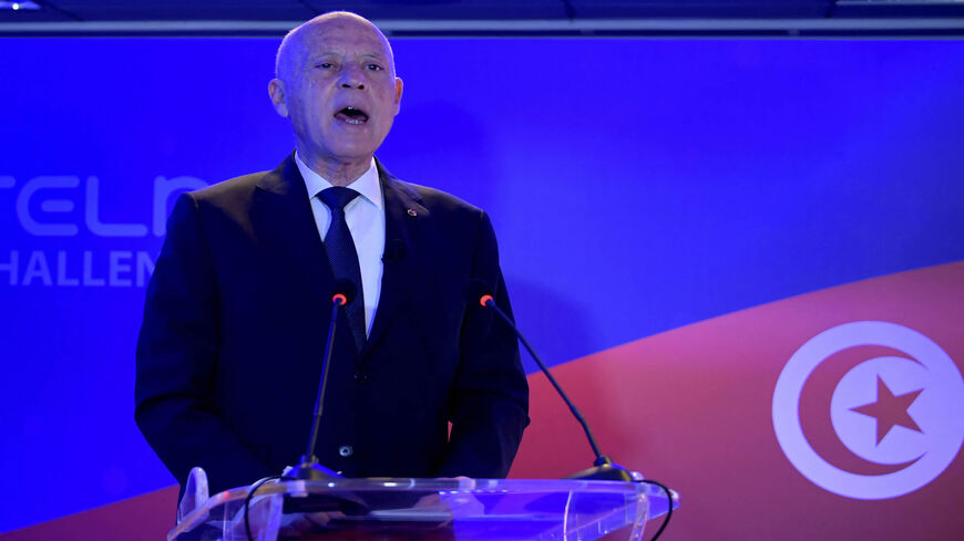 Tunisian President Kais Saied delivers a speech following the launch of Russia's Soyuz-2.1a carrier rocket from the Baikonur cosmodrome in Kazakhstan carrying 38 foreign satellites, among them Tunisia's first satellite Challenge-1, at Telnet telecommunications group, Tunis, Tunisia, March 22, 2021.