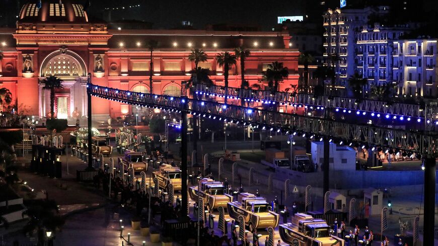 The carriages carrying 22 ancient Egyptian royal mummies depart from the Egyptian Museum in Cairo's Tahrir Square on April 3, 2021, during a parade on their way to their new resting place at the new National Museum of Egyptian Civilisation in Old Cairo.