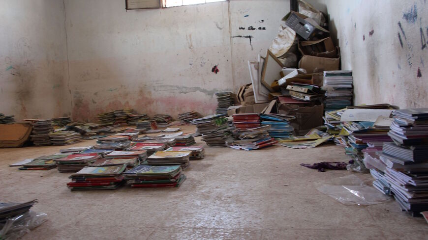 Books lie on the floor at a makeshift school in the town of Atme near the border with Turkey, in the rebel held Idlib province on September 5, 2018.