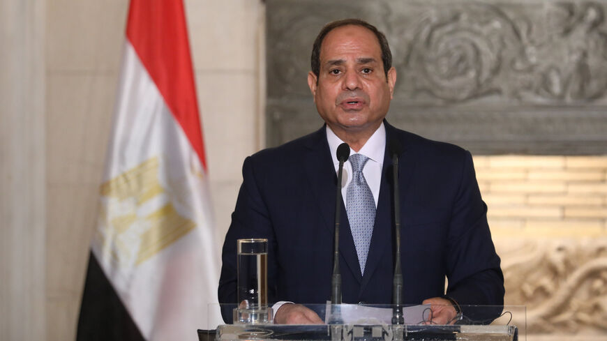 Egyptian President Abdel Fattah al-Sisi speaks during a joint news conference with Greek Prime Minister at Maximos Mansion in Athens on Nov. 11, 2020.