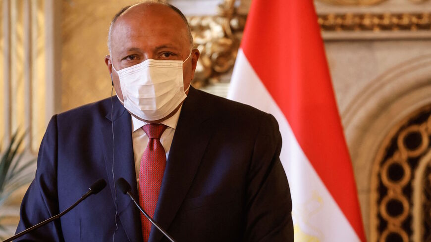 Egypt's Minister of Foreign Affairs Sameh Shoukry speaks during a joint press conference following a meeting on the Middle East Peace process, at the quai d'Orsay, in Paris, on March 11, 2021. 