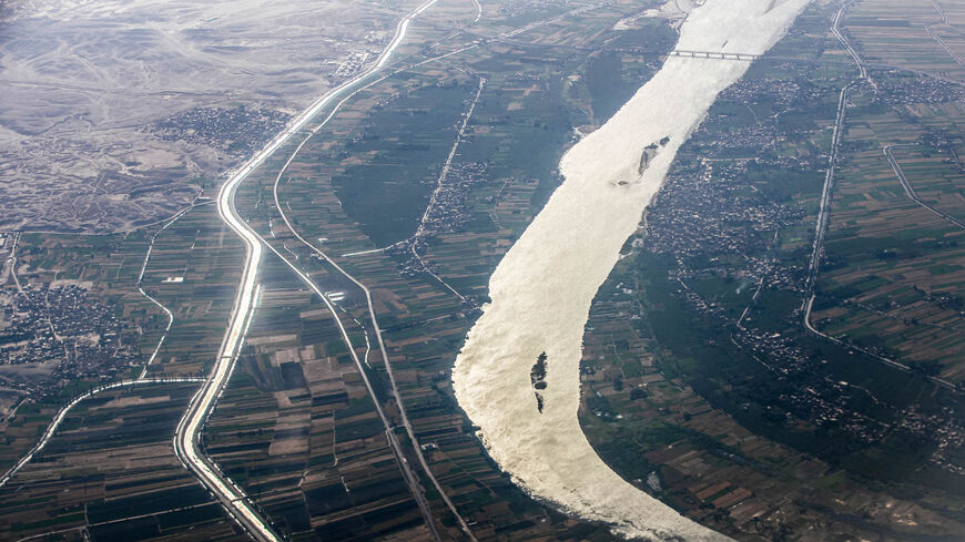 This picture shows an aerial view of the Nile River passing by the town of Dendera in the southern province of Qena, Egypt, April 10, 2021.