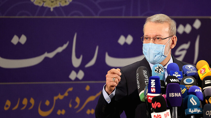 Iran's former parliament speaker Ali Larijani delivers a speech after registering his candidacy for Iran's presidential elections, at the Interior Ministry in capital Tehran, on May 15, 2021, ahead of the presidential elections scheduled for June. 