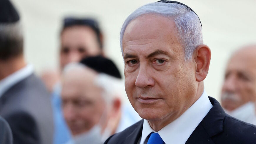 Israeli Prime Minister Benjamin Netanyahu attends a memorial ceremony for the fallen of the Altalena at the Nachalat Yitzhak cemetery in the coastal city of Tel Aviv, on May 26, 2021. 