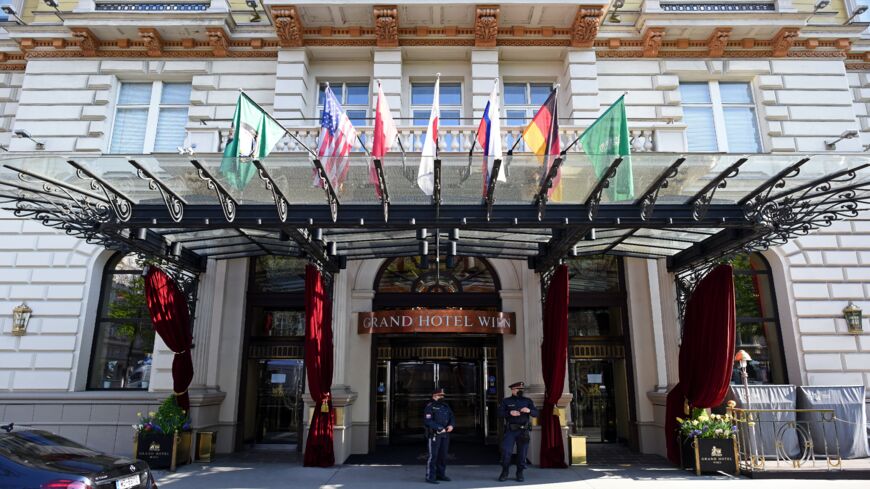 Police guard the Grand Hotel on the day the JCPOA Iran nuclear talks are to resume on April 27, 2021, in Vienna, Austria. Representatives from the United States, Iran, the European Union and other participants from the original Joint Comprehensive Plan of Action (JCPOA) are meeting both directly and indirectly over possibly reviving the plan. The JCPOA was the European-led initiative by which Iran agreed not to pursue a nuclear weapon in exchange for concessions, though the United States, under the administ