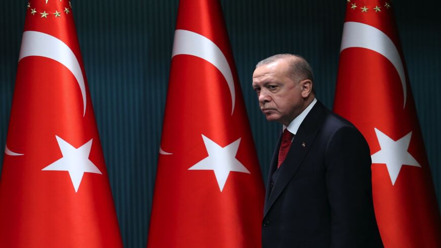 President of Turkey Recep Tayyip Erdogan arrives to give a press conference after a Cabinet meeting at the Presidential Complex in Ankara, Turkey, on Sept. 21, 2020. 