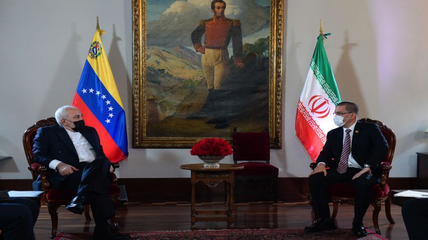 Foreign Minister of the Islamic Republic of Iran Javad Zarif (L) meets with Venezuelan Foreign Minister Jorge Arreaza (R) at the Casa Amarilla palace in Caracas, on Nov. 5, 2020.