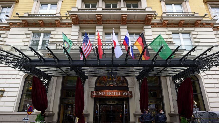 Police guard the Grand Hotel on the day the JCPOA Iran nuclear talks are to resume on May 25, 2021, in Vienna, Austria. 