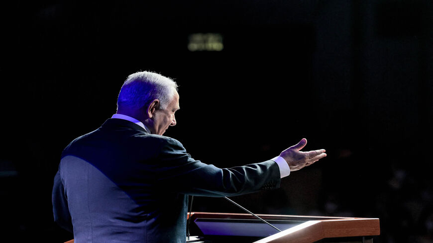 Israeli Prime Minister Benjamin Netanyahu speaks during a Health Ministry-organized appreciation ceremony for health system personnel and partner agencies for their contribution during the coronavirus pandemic, Jerusalem. June 6, 2021.