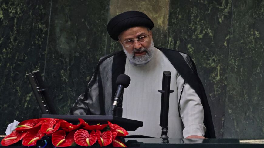 Iran's newly elected President Ebrahim Raisi speaks during his swearing-in ceremony at the Iranian parliament.