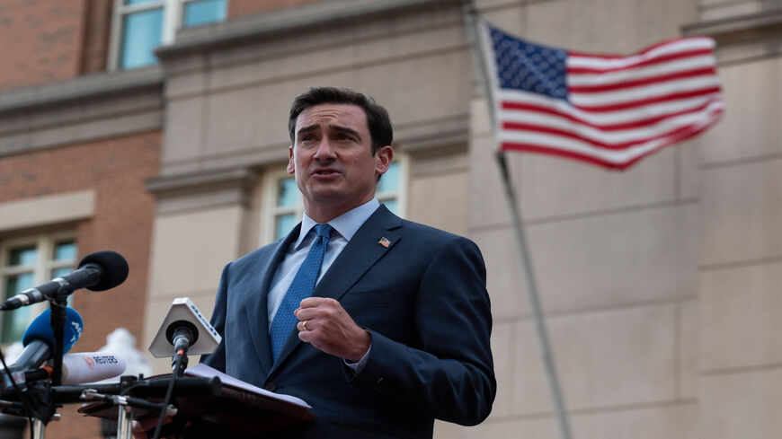 US Attorney G. Zachary Terwilliger speaks to the press after a hearing for former British Islamic State fighters Alexanda Kotey and El Shafee Elsheikh, dubbed the "Beatles," at the US District Court in Alexandria, Virginia, Oct. 9, 2020.