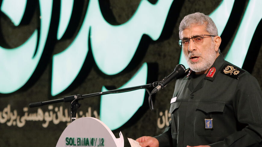 Iranian Quds force commander Esmail Ghaani speaks during a ceremony on the occasion of the first anniversary of death of former Iran's Quds force commander Qasem Soleimani in Tehran, on Jan. 1, 2021.