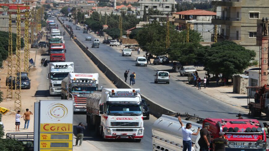 Tankers carrying Iranian fuel arrive from Syria at al-Ain in Hermel in east Lebanon's Bekaa Valley on Sept. 16, 2021. 