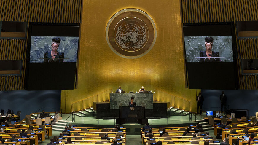 Catherine Labiran, the founder of The Praxis Project, addresses a high-level meeting to commemorate the twentieth anniversary of the adoption of the Durban Declaration being held during the UN General Assembly 76th session General Debate at the United Nations Headquarters on Sept. 22, 2021 in New York.