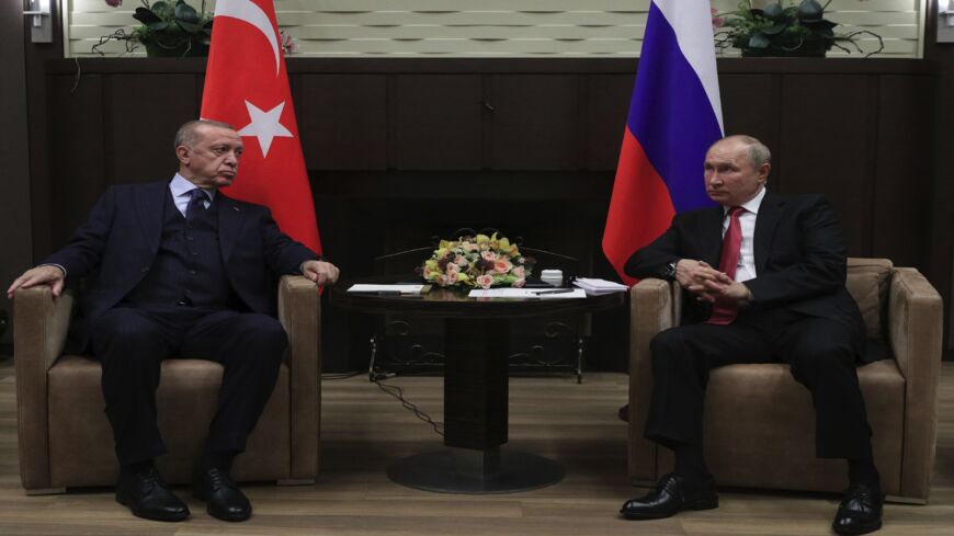 Russian President Vladimir Putin meets with his Turkish counterpart Recep Tayyip Erdogan in Sochi on Sept. 29, 2021.