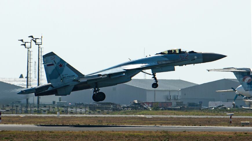 A Russian Sukhoi Su-35 fighter takes off during an air show at the Teknofest festival at Ataturk Airport in Istanbul on September 17, 2019.