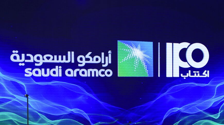 A picture taken on Nov. 3, 2019, shows a sign of Saudi Aramco's initial public offering (IPO).