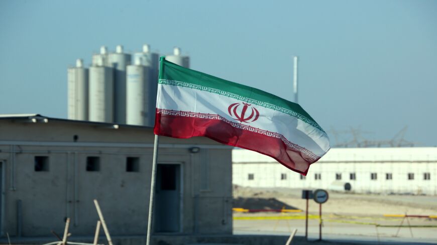 A picture taken on Nov. 10, 2019, shows an Iranian flag at Iran's Bushehr nuclear power plant.