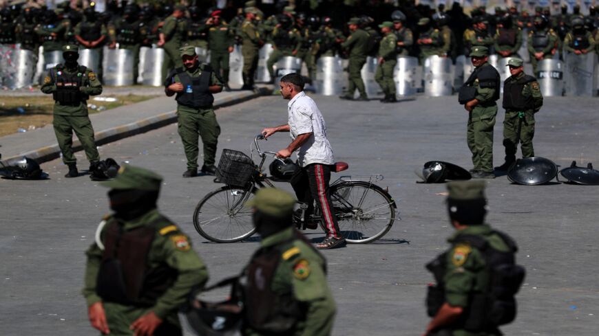 Members of the Iraqi riot police protect the Green Zone in Baghdad.