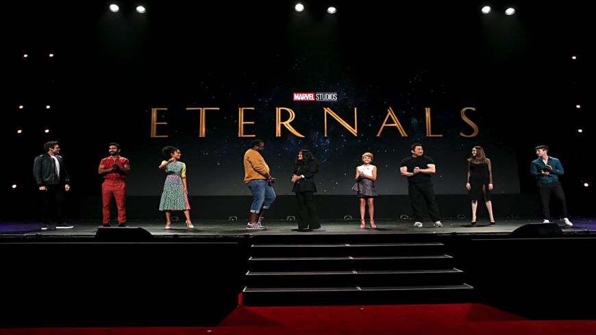 Richard Madden, Kumail Nanjiani, Lauren Ridloff, Salma Hayek, Lia McHugh, Don Lee, Angelina Jolie and Barry Keoghan of "Eternals."