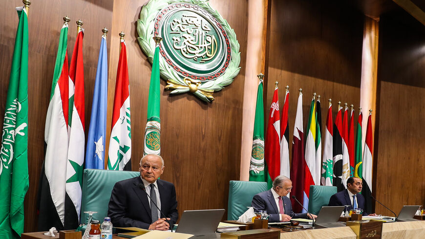 (L to R) Secretary-General of the Arab League Ahmed Aboul Ghait, Iraqi Foreign Minister Mohammed Ali al-Hakim and Assistant Secretary-General Ambassador Hossam Zaki attend the Arab Foreign Ministers 153rd annual meeting at the Arab League headquarters, Cairo, Egypt, March 4, 2020. 