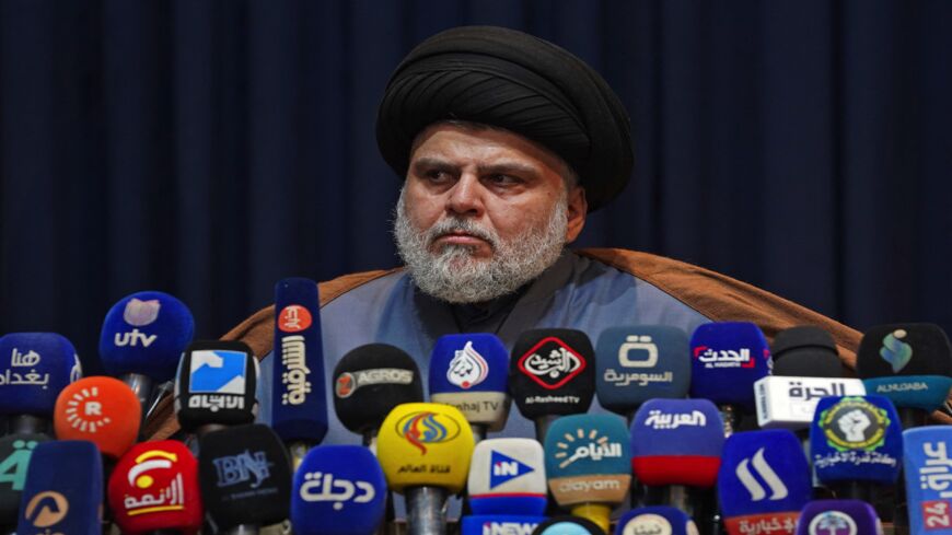 Muqtada al-Sadr, Iraqi militia leader and Shiite Muslim cleric, gives a news conference in the central holy shrine city of Najaf, on Nov. 18, 2021.