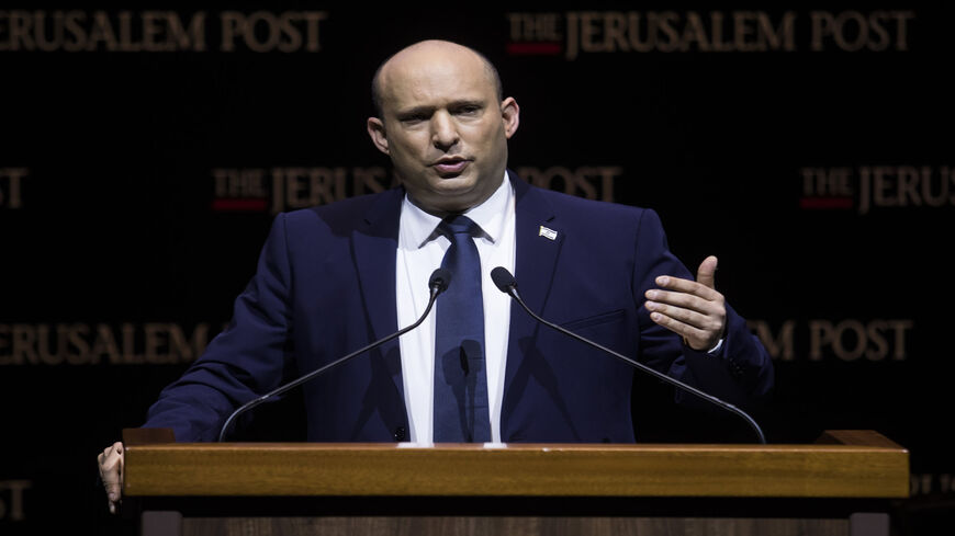 Israeli Prime Minister Naftali Bennett speaks at the Jerusalem Post's annual coference, Jerusalem, Oct. 12, 2021.