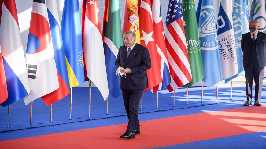 Turkish President Recep Tayyip Erdogan arrives for the welcome ceremony on the first day of the G-20 summit, Rome, Italy, Oct. 30, 2021.