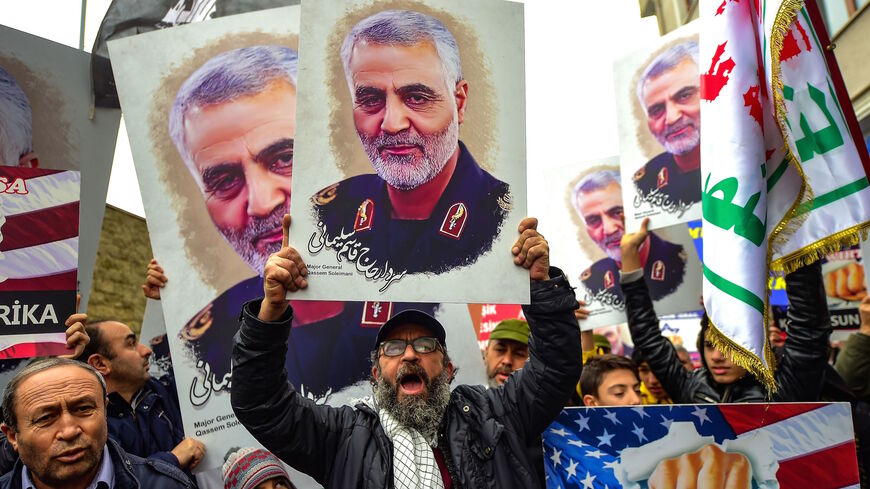 Protesters hold pictures of Iranian commander Qasem Soleimani, during a demonstration outside the US consulate in Istanbul, on Jan. 5, 2020, two days after top Iranian commander Qasem Soleimani was killed by a US drone strike. 