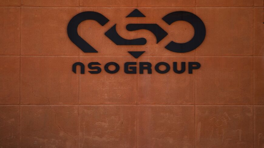 The logo of Israeli cyber company NSO Group is seen in the Arava Desert on Nov. 11, 2021, in Sapir, Israel. 