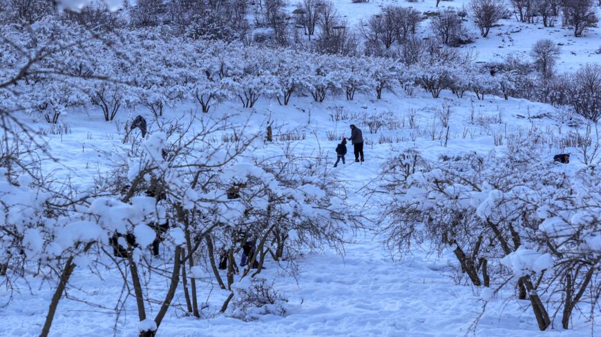 Iraqis play at the snow-covered Safin Mountain on Jan. 18, 2022, near the city of Erbil, the capital of Iraq's northern Kurdish autonomous region.