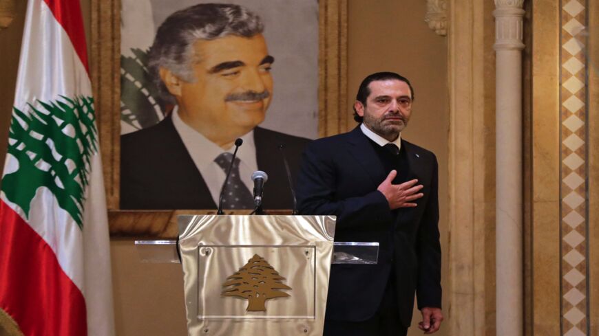 Lebanon's former Prime Minister Saad Hariri gestures to the crowd after a press conference in the capital, Beirut, on Jan. 24, 2022. 