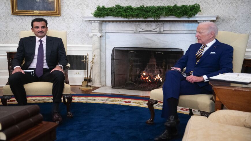 President Joe Biden meets with Sheikh Tamim Bin Hamad Al Thani in the Oval Office on Jan. 31, 2022, in Washington, DC.