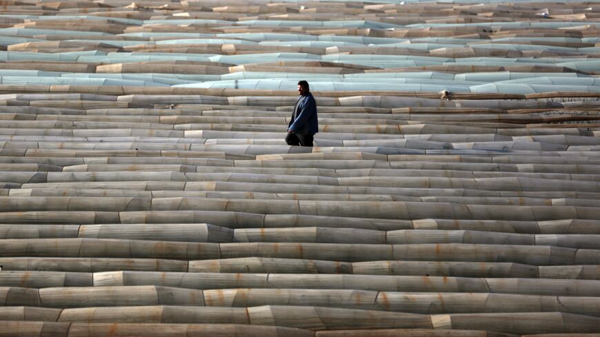 A Palestinian farmer walks past greenhouses as the strawberry harvest begins in the northern Gaza Strip, Dec. 10, 2013. 