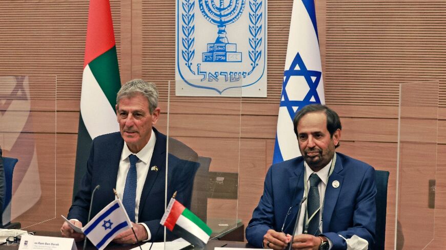 Ram Ben-Barak, on the left, heads the Israeli Knesset's Foreign Affairs and Defense Committees. Next to him is Ali Rashid al-Nuaimi, chairman of the Defense, Interior and Foreign Affairs Committee in the United Arab Emirates Federal National Council