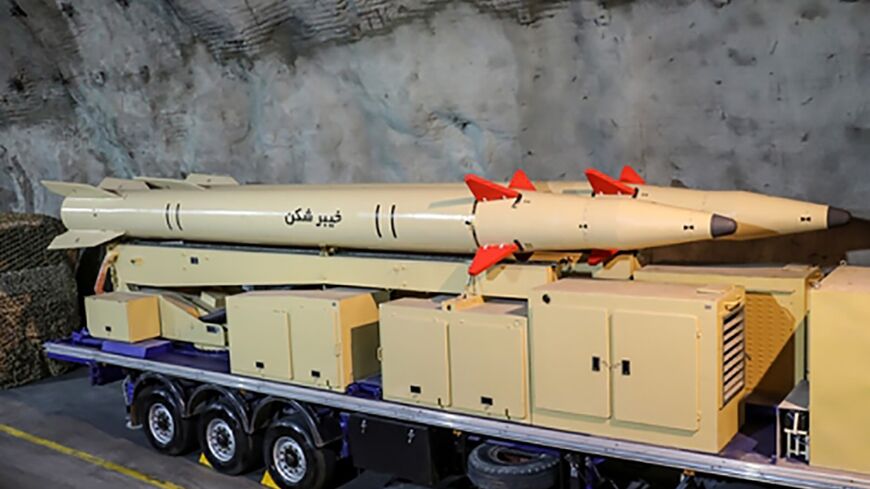 A handout photo made available on February 9, 2022 by the official website of Iran's Islamic Revolutionary Guard Corps shows surface-to-surface missiles displayed in an undisclosed location