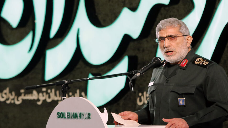 Iranian Quds Force commander Esmail Ghaani speaks during a ceremony on the occasion of the first anniversary of the death of former Quds Force commander Qasem Soleimani, Tehran, Iran, Jan. 1, 2021.