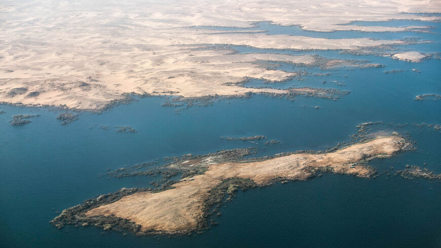 An aerial view shows a small island in the Lake Nasser reservoir formed by the Nile River, about 12 kilometers (7 miles) south of the High Dam near the city of Aswan, southern Egypt, Jan. 2, 2021.