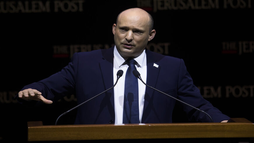 Israeli Prime Minister Naftali Bennett speaks at the Jerusalem Post's annual coference, Jerusalem, Oct. 12, 2021.