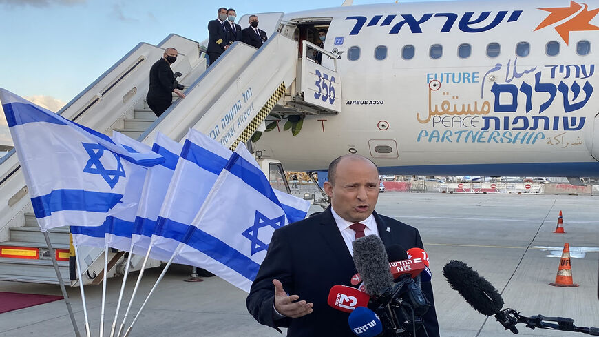 Israeli Prime Minister Naftali Bennett delivers a speech upon his departure to Bahrain, at Ben Gurion Airport, near Tel Aviv, Feb. 14, 2022.