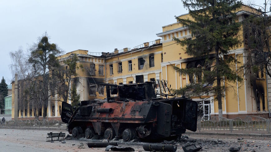 This photograph shows an Ukrainian armoured personnel carrier (APC) BTR-4 destroyed as a result of fight not far from the centre of Ukrainian city of Kharkiv, located some 50 km from Ukrainian-Russian border, on Feb. 28, 2022. 