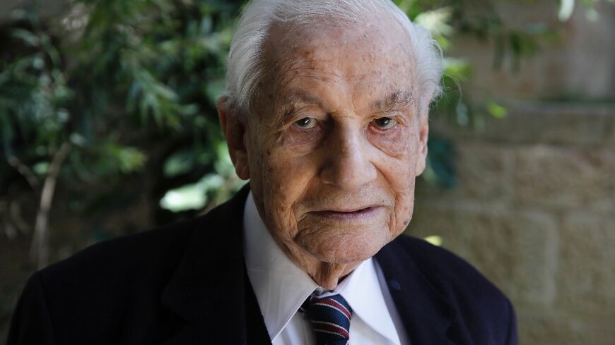 (FILES) This file photo taken on May 1, 2020, shows Gabriel Bach, a former deputy prosecutor during the trial of top Nazi German official Adolf Eichmann, speaking during an interview in the yard of his home in Jerusalem