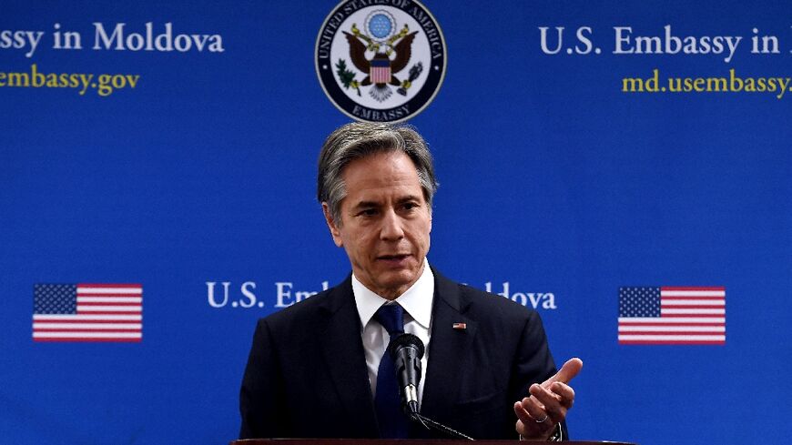 US Secretary of State Antony Blinken speaks to US Embassy staff in Chisinau, Moldova, on March 6, 2022, during a trip that includes stops in Poland, Latvia, Lithuania, and Estonia to reassure them of US support amid Russia's invasion of Ukraine